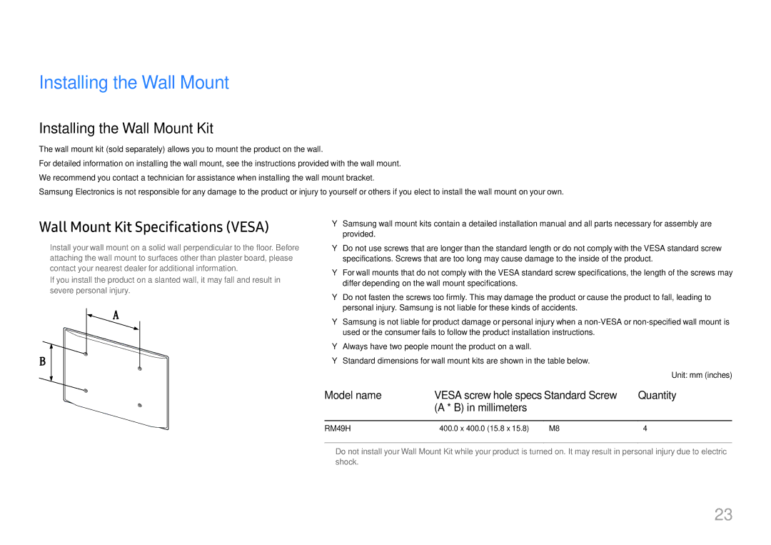 Samsung LH49RMHELGW/EN manual Installing the Wall Mount Kit, Wall Mount Kit Specifications Vesa, Model name 