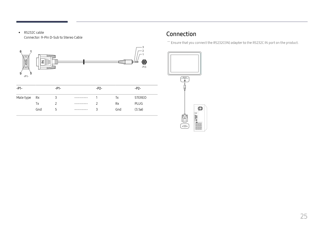 Samsung LH49RMHELGW/EN manual Connection, RS232C cable, Connector 9-Pin D-Sub to Stereo Cable, Male type Rx, Gnd 