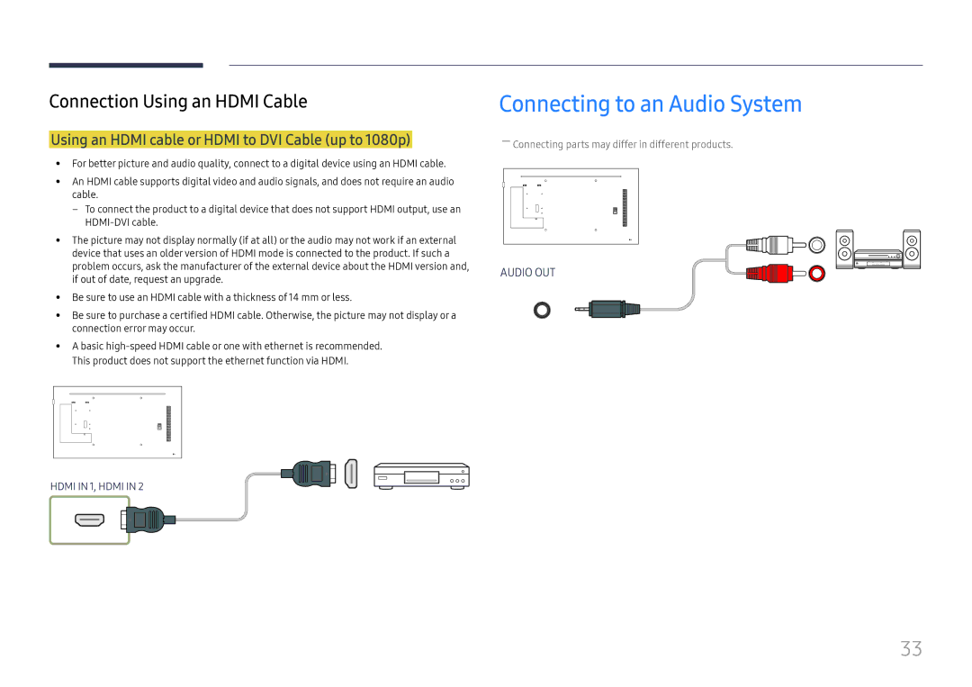 Samsung LH49RMHELGW/EN manual Connecting to an Audio System, Using an Hdmi cable or Hdmi to DVI Cable up to 1080p 