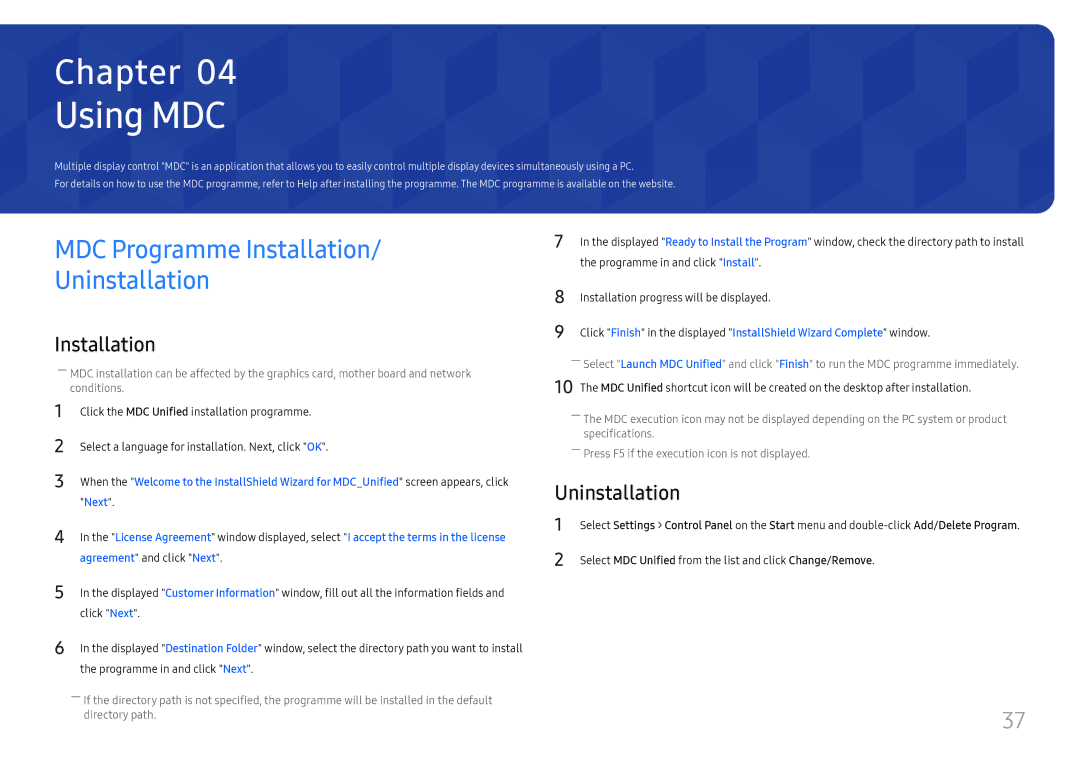 Samsung LH49RMHELGW/EN manual Using MDC, MDC Programme Installation Uninstallation 