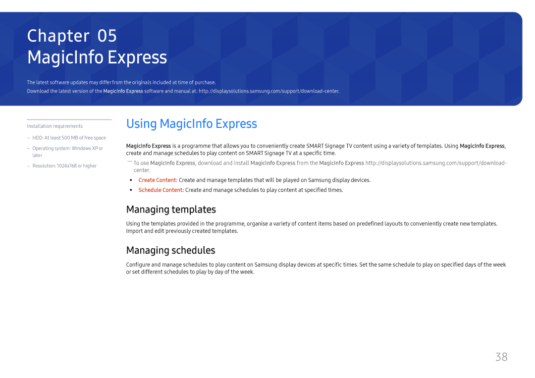 Samsung LH49RMHELGW/EN manual Using MagicInfo Express, Managing templates, Managing schedules 