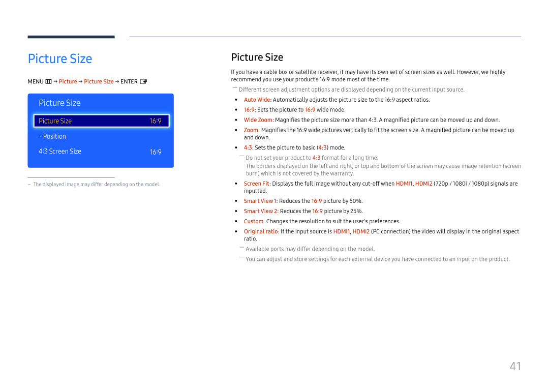 Samsung LH49RMHELGW/EN manual · Position Screen Size 169, Menu m → Picture → Picture Size → Enter E 