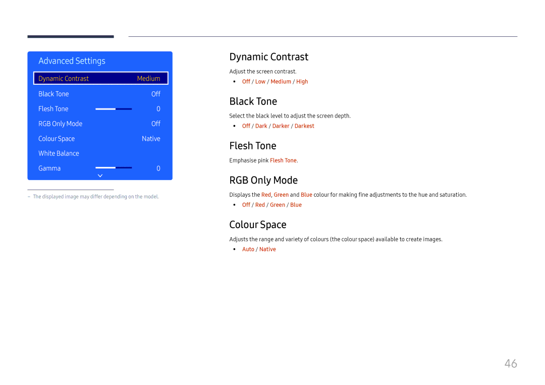 Samsung LH49RMHELGW/EN manual Dynamic Contrast, Black Tone, Flesh Tone, RGB Only Mode, Colour Space 