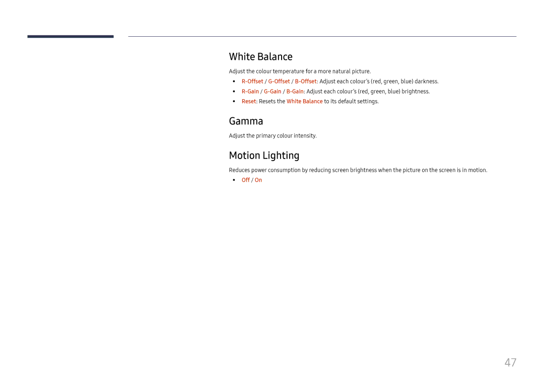 Samsung LH49RMHELGW/EN manual White Balance, Gamma, Motion Lighting, Adjust the primary colour intensity, Off / On 