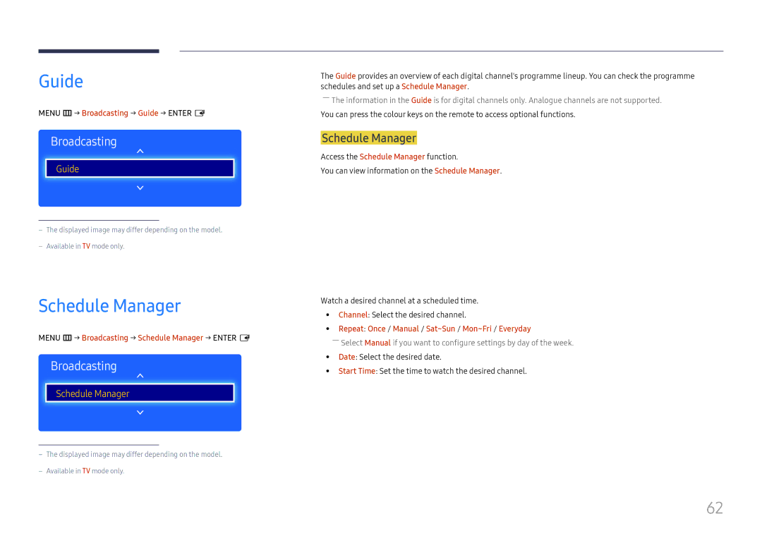 Samsung LH49RMHELGW/EN manual Schedule Manager, Menu m → Broadcasting → Guide → Enter E 