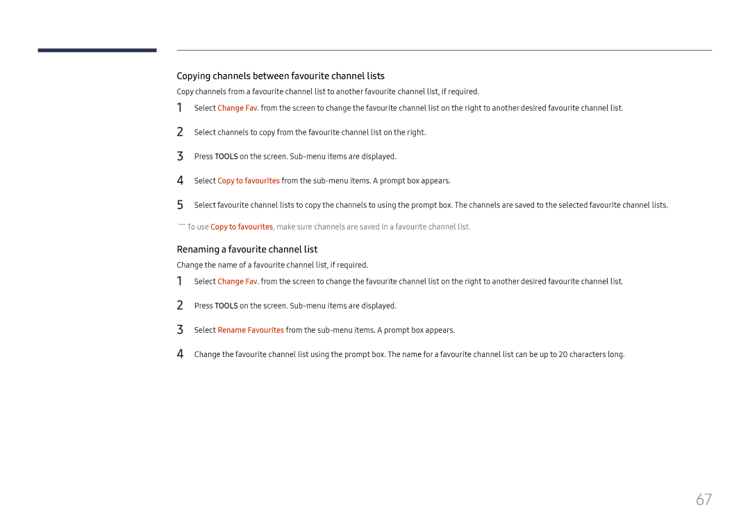 Samsung LH49RMHELGW/EN manual Copying channels between favourite channel lists 