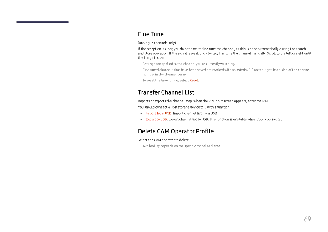 Samsung LH49RMHELGW/EN Fine Tune, Transfer Channel List, Delete CAM Operator Profile, Select the CAM operator to delete 