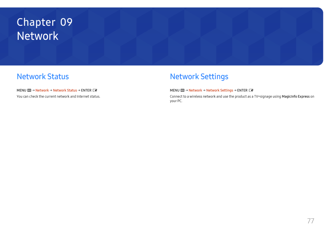 Samsung LH49RMHELGW/EN Network Status Network Settings, You can check the current network and Internet status, Your PC 