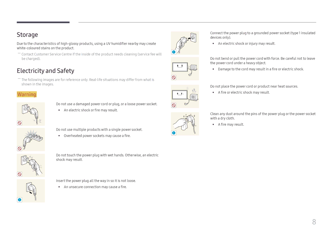 Samsung LH49RMHELGW/EN manual Storage, Electricity and Safety 