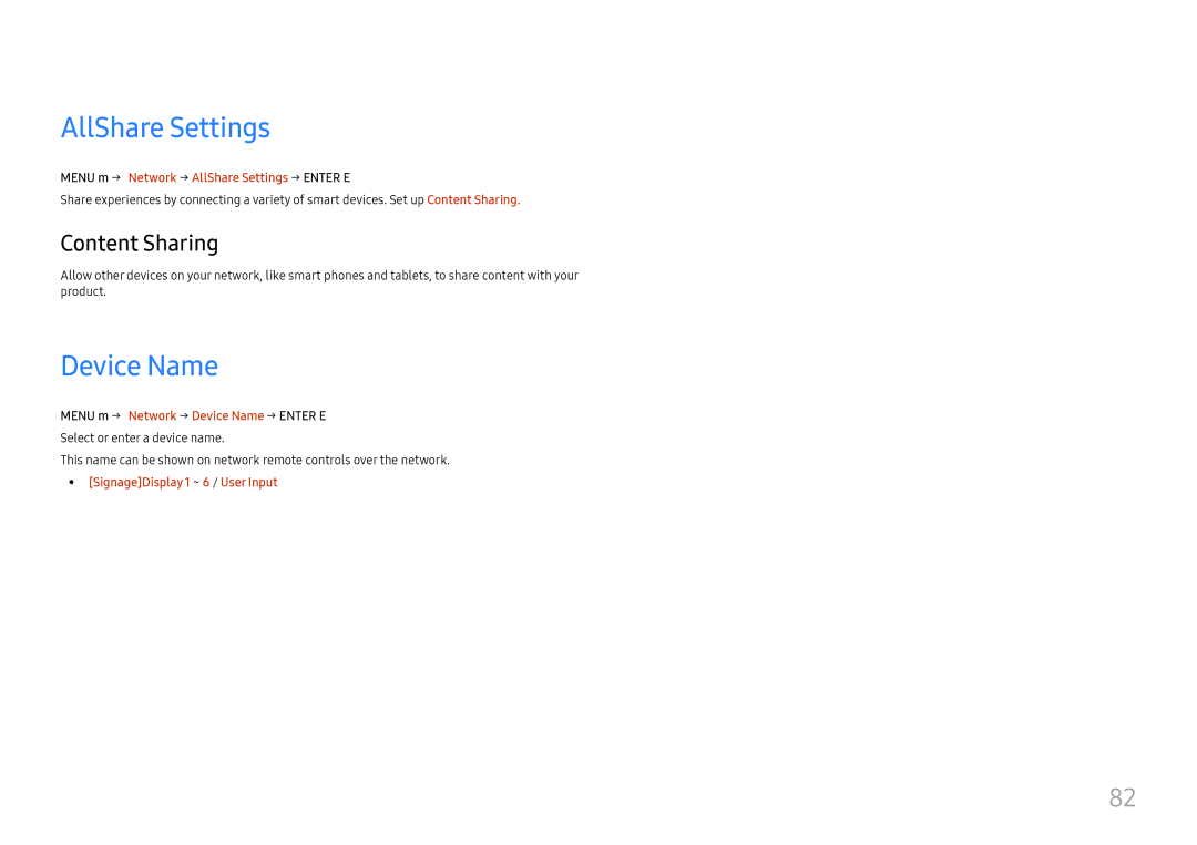 Samsung LH49RMHELGW/EN manual AllShare Settings, Device Name, Content Sharing 