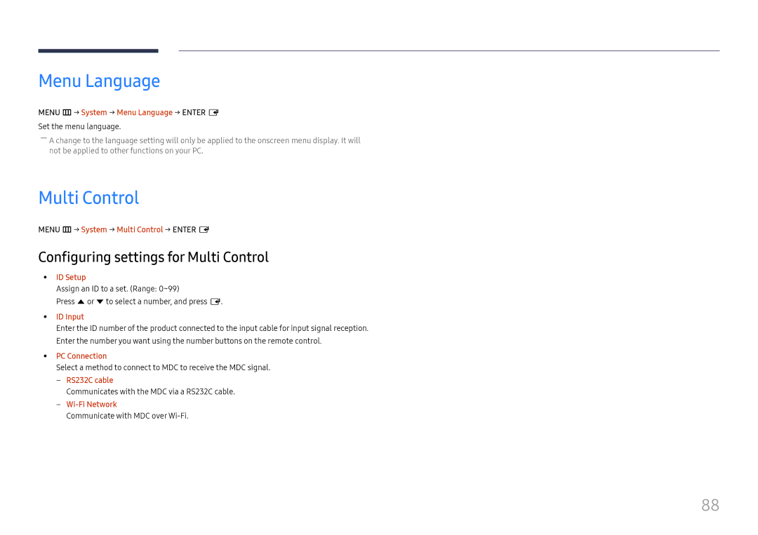 Samsung LH49RMHELGW/EN manual Menu Language, Configuring settings for Multi Control 