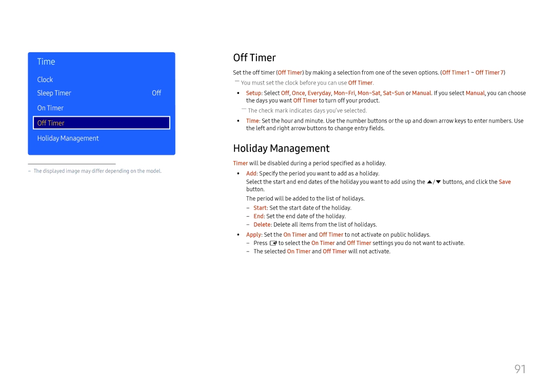 Samsung LH49RMHELGW/EN manual Off Timer, Holiday Management, Clock Sleep Timer Off On Timer 