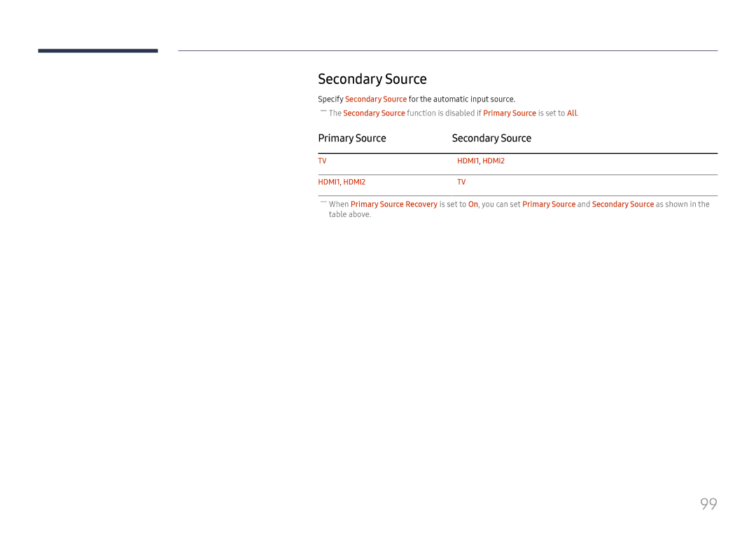 Samsung LH49RMHELGW/EN manual Primary Source Secondary Source, Specify Secondary Source for the automatic input source 