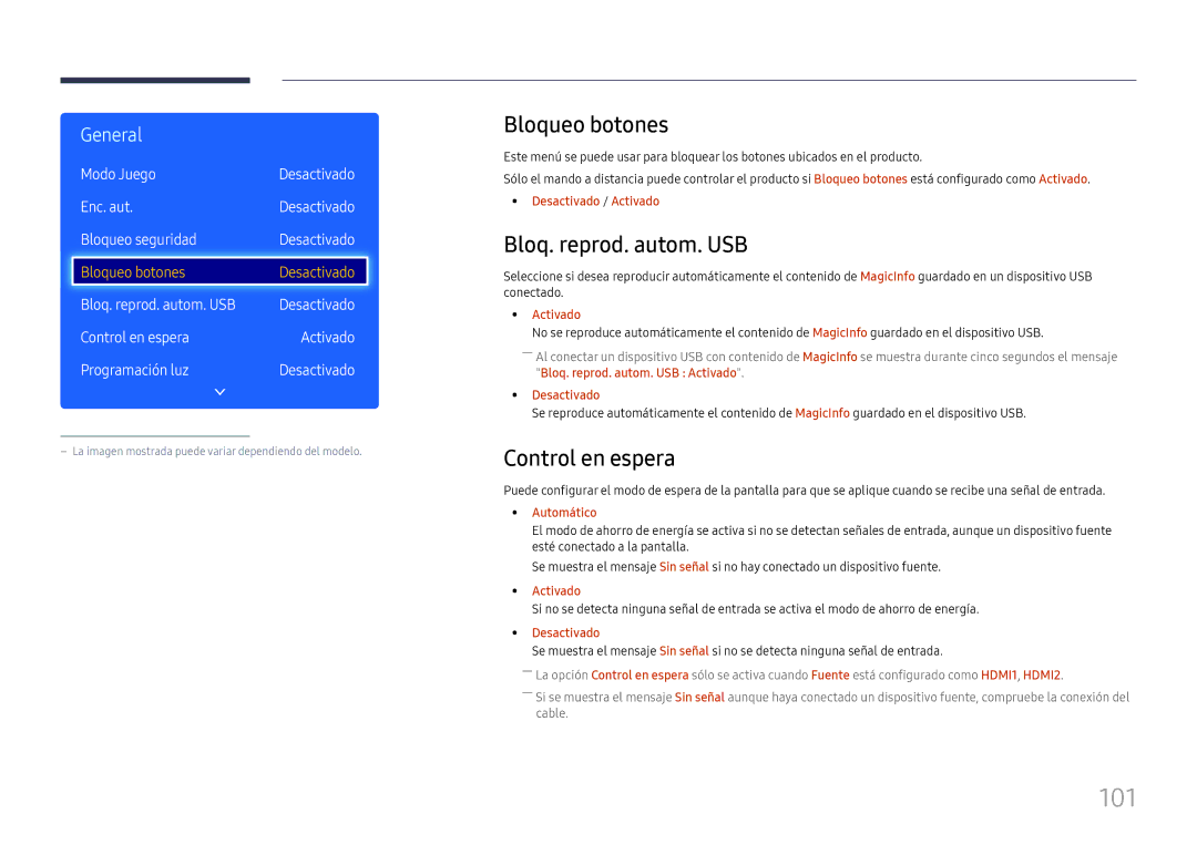 Samsung LH49RMHELGW/EN manual 101, Bloqueo botones, Bloq. reprod. autom. USB, Control en espera, Modo Juego 