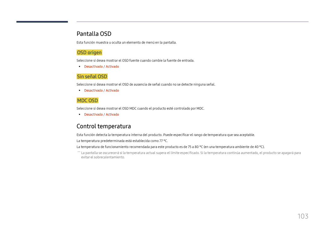 Samsung LH49RMHELGW/EN manual 103, Pantalla OSD, Control temperatura, OSD origen, Sin señal OSD 