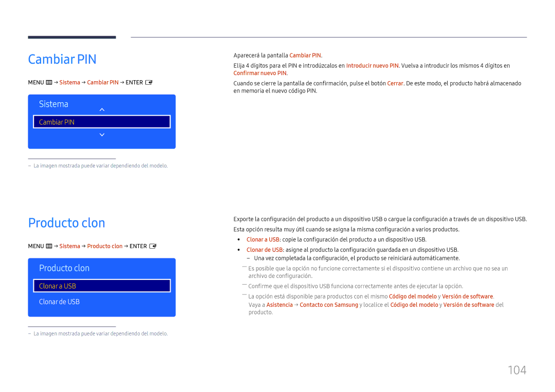Samsung LH49RMHELGW/EN manual Cambiar PIN, Producto clon, 104, Clonar de USB 