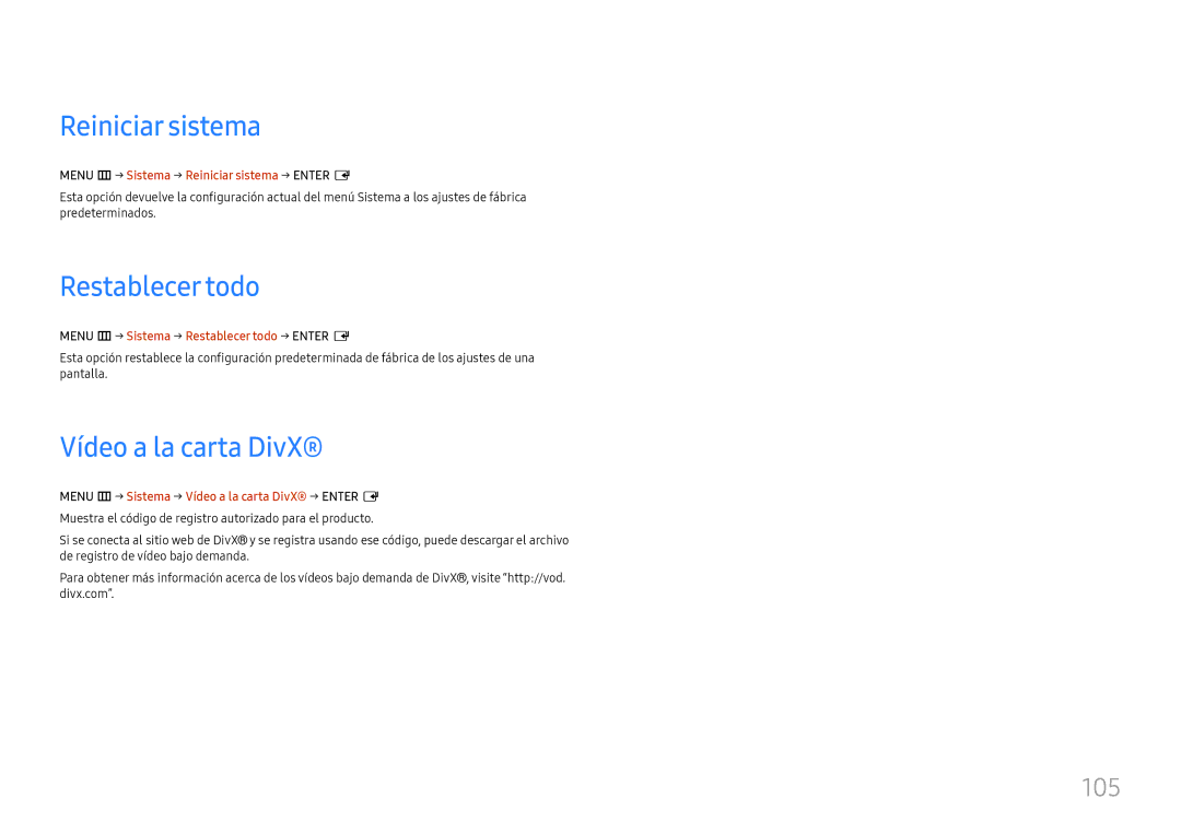 Samsung LH49RMHELGW/EN manual Reiniciar sistema, Restablecer todo, Vídeo a la carta DivX, 105 