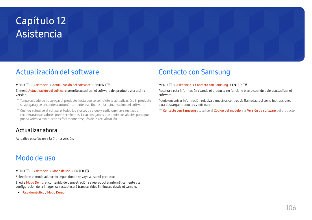 Samsung LH49RMHELGW/EN manual Asistencia, Actualización del software, Modo de uso, 106, Actualizar ahora 