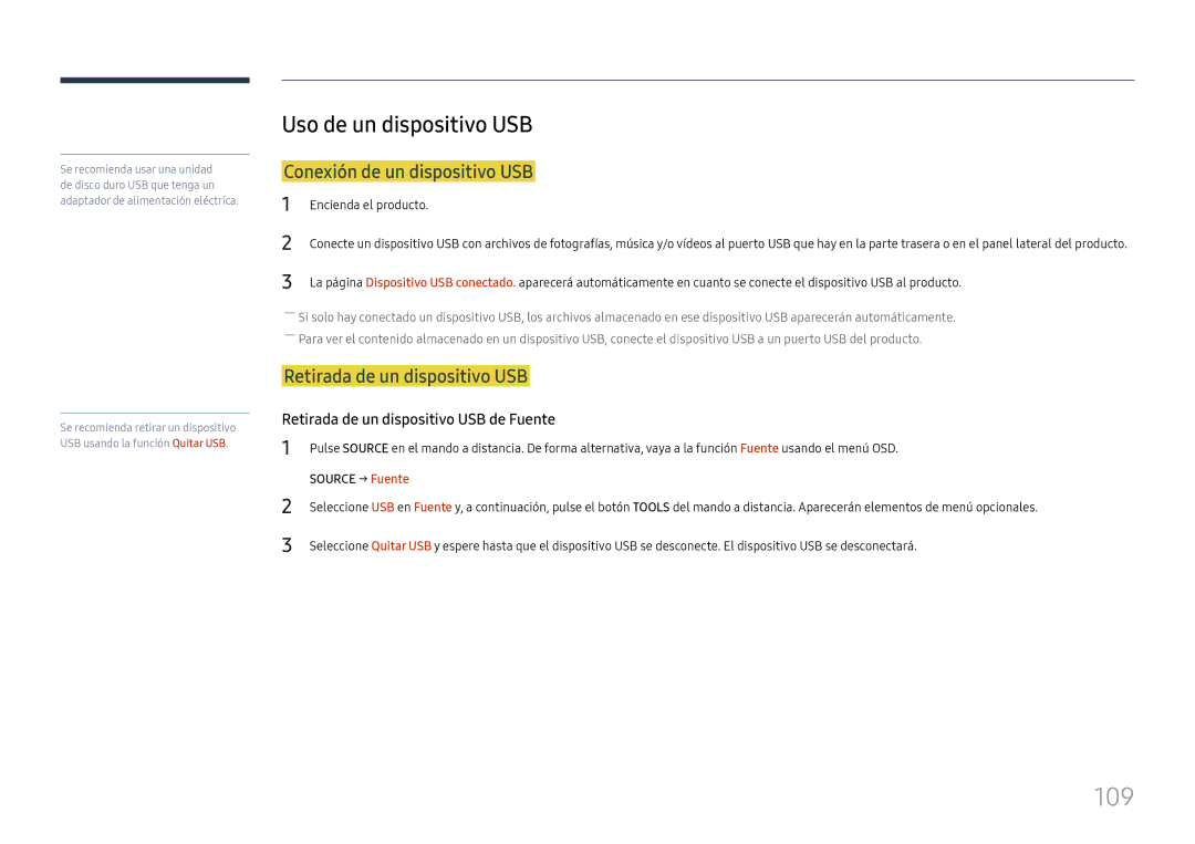 Samsung LH49RMHELGW/EN 109, Uso de un dispositivo USB, Conexión de un dispositivo USB, Retirada de un dispositivo USB 