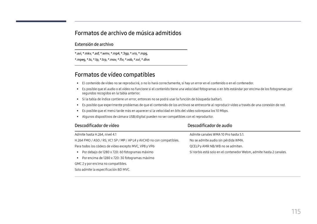 Samsung LH49RMHELGW/EN 115, Formatos de archivo de música admitidos, Formatos de vídeo compatibles, Extensión de archivo 