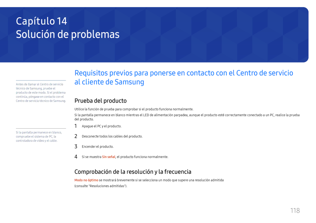 Samsung LH49RMHELGW/EN Solución de problemas, 118, Prueba del producto, Comprobación de la resolución y la frecuencia 