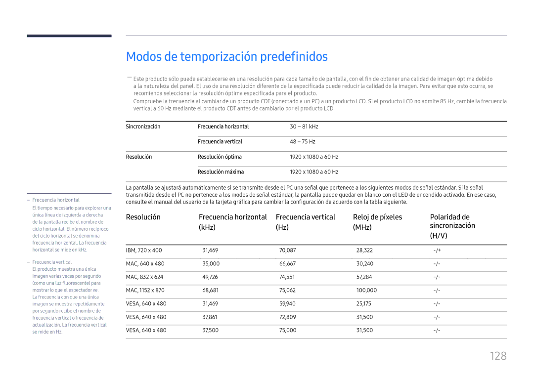 Samsung LH49RMHELGW/EN manual Modos de temporización predefinidos, 128 