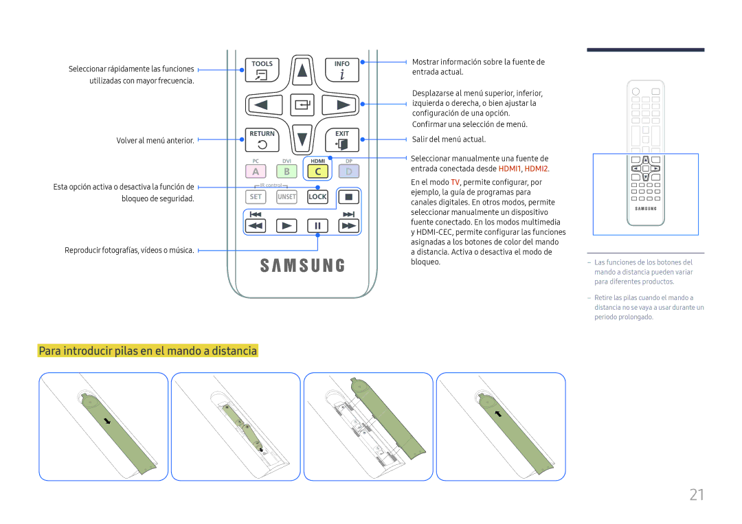 Samsung LH49RMHELGW/EN manual Para introducir pilas en el mando a distancia 