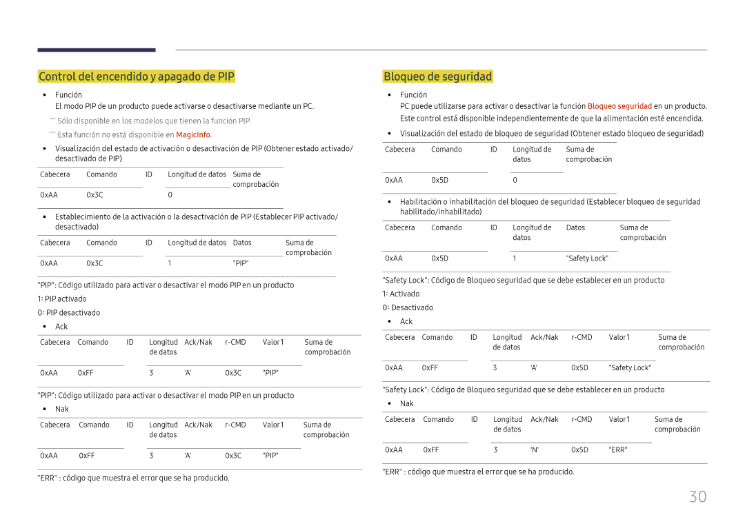 Samsung LH49RMHELGW/EN manual Control del encendido y apagado de PIP, Bloqueo de seguridad 