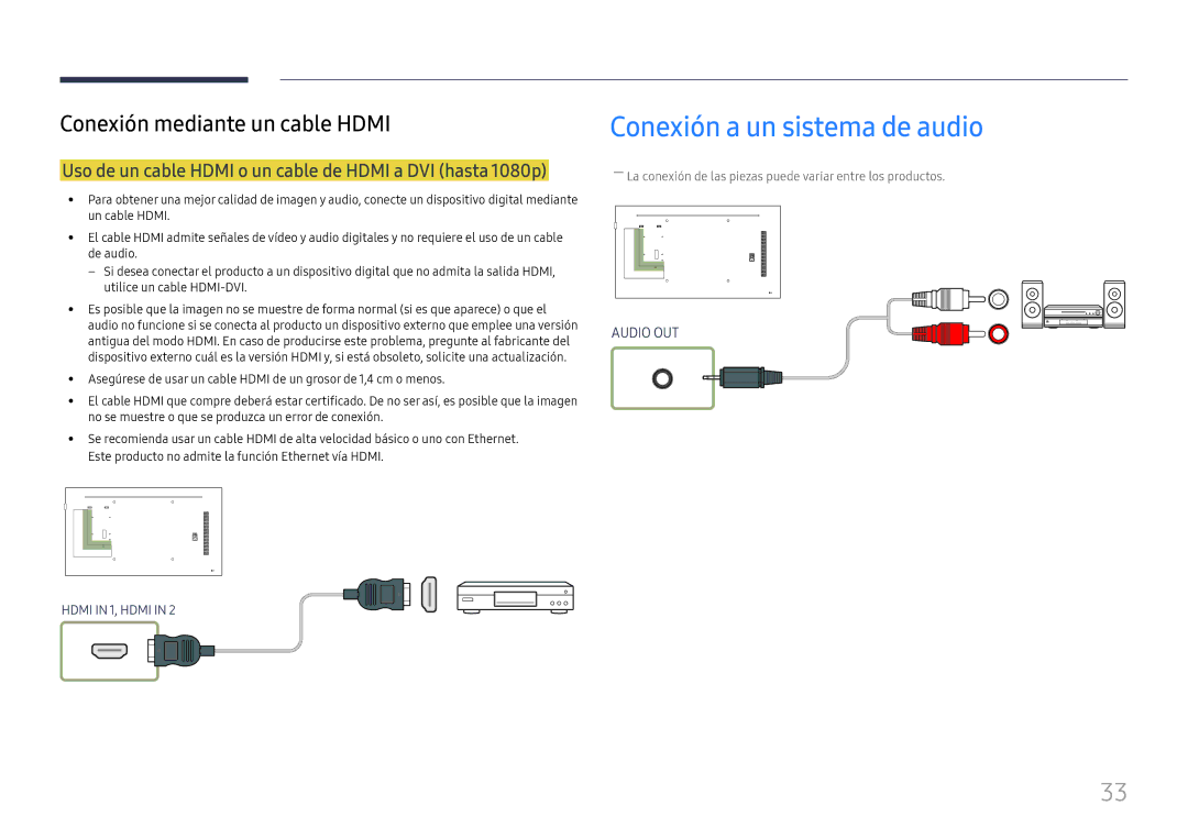 Samsung LH49RMHELGW/EN manual Conexión a un sistema de audio, Uso de un cable Hdmi o un cable de Hdmi a DVI hasta 1080p 