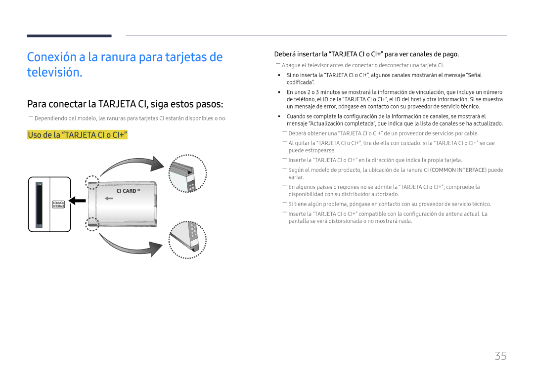 Samsung LH49RMHELGW/EN Conexión a la ranura para tarjetas de televisión, Para conectar la Tarjeta CI, siga estos pasos 