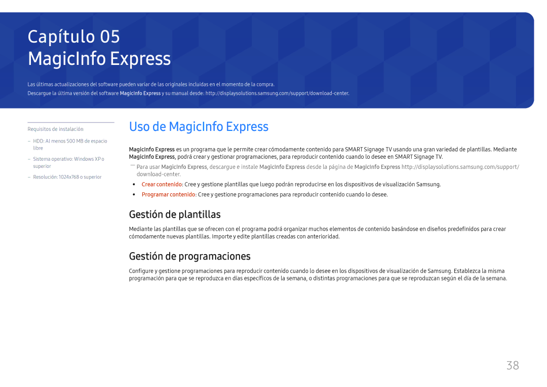 Samsung LH49RMHELGW/EN manual Uso de MagicInfo Express, Gestión de plantillas, Gestión de programaciones 