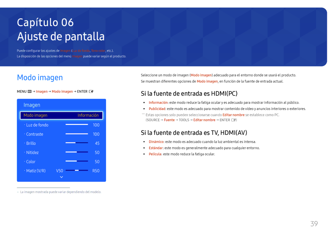 Samsung LH49RMHELGW/EN manual Ajuste de pantalla, Modo imagen, Si la fuente de entrada es Hdmipc, Imagen 