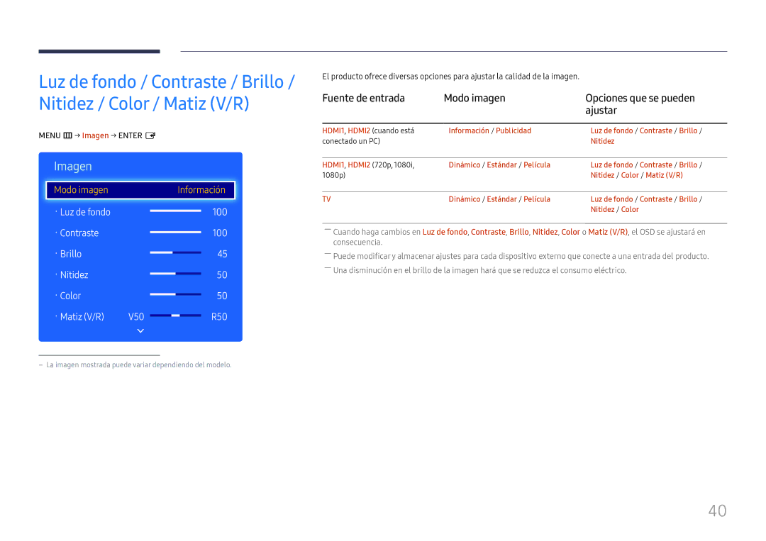 Samsung LH49RMHELGW/EN manual Fuente de entrada Modo imagen Opciones que se pueden Ajustar, Menu m → Imagen → Enter E 