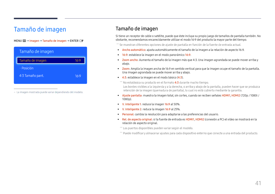 Samsung LH49RMHELGW/EN manual · Posición Tamaño pant 169, Menu m → Imagen → Tamaño de imagen → Enter E 