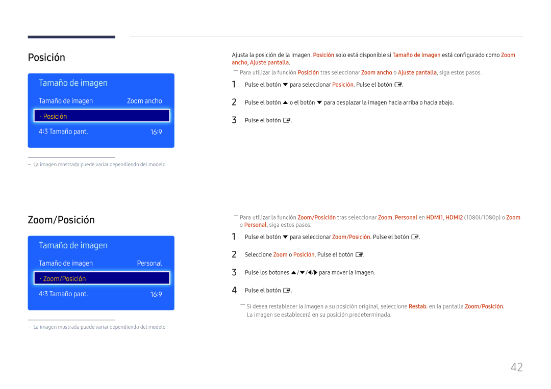Samsung LH49RMHELGW/EN manual Zoom/Posición, Tamaño de imagen Zoom ancho, Tamaño pant 169, Tamaño de imagen Personal 