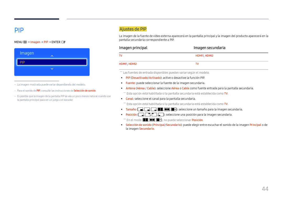 Samsung LH49RMHELGW/EN manual Ajustes de PIP, Imagen principal Imagen secundaria, Menu m → Imagen → PIP → Enter E 