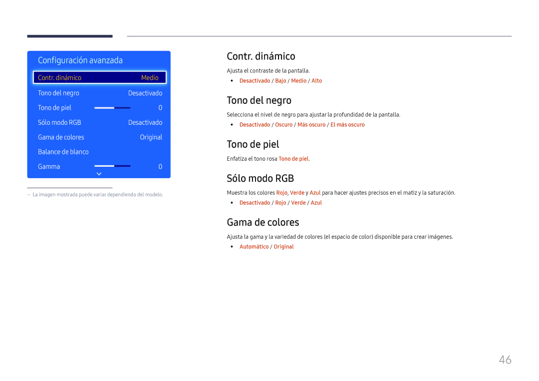 Samsung LH49RMHELGW/EN manual Contr. dinámico, Tono del negro, Tono de piel, Sólo modo RGB, Gama de colores 