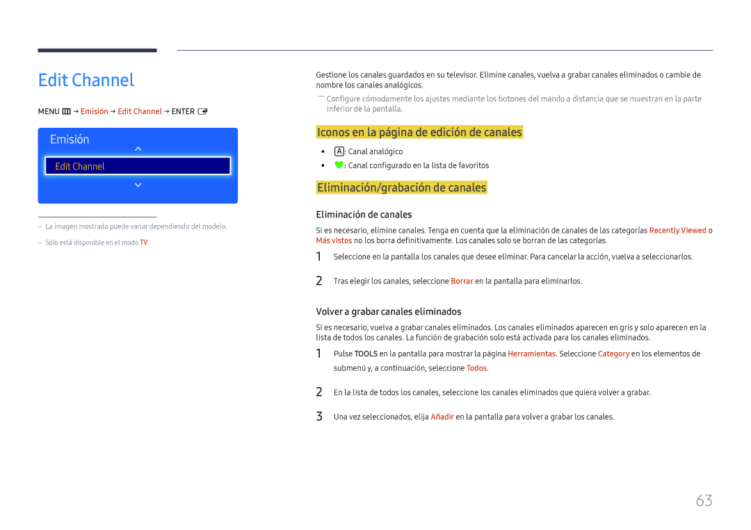 Samsung LH49RMHELGW/EN manual Edit Channel, Iconos en la página de edición de canales, Eliminación/grabación de canales 