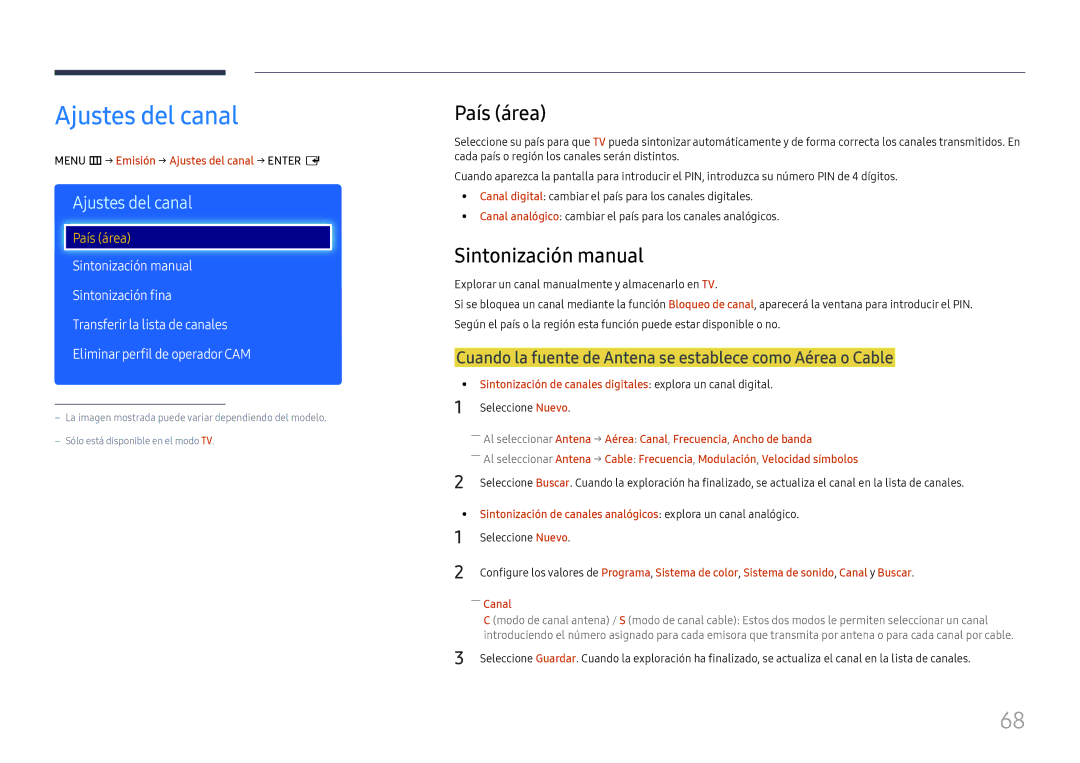 Samsung LH49RMHELGW/EN Ajustes del canal, País área, Sintonización manual 