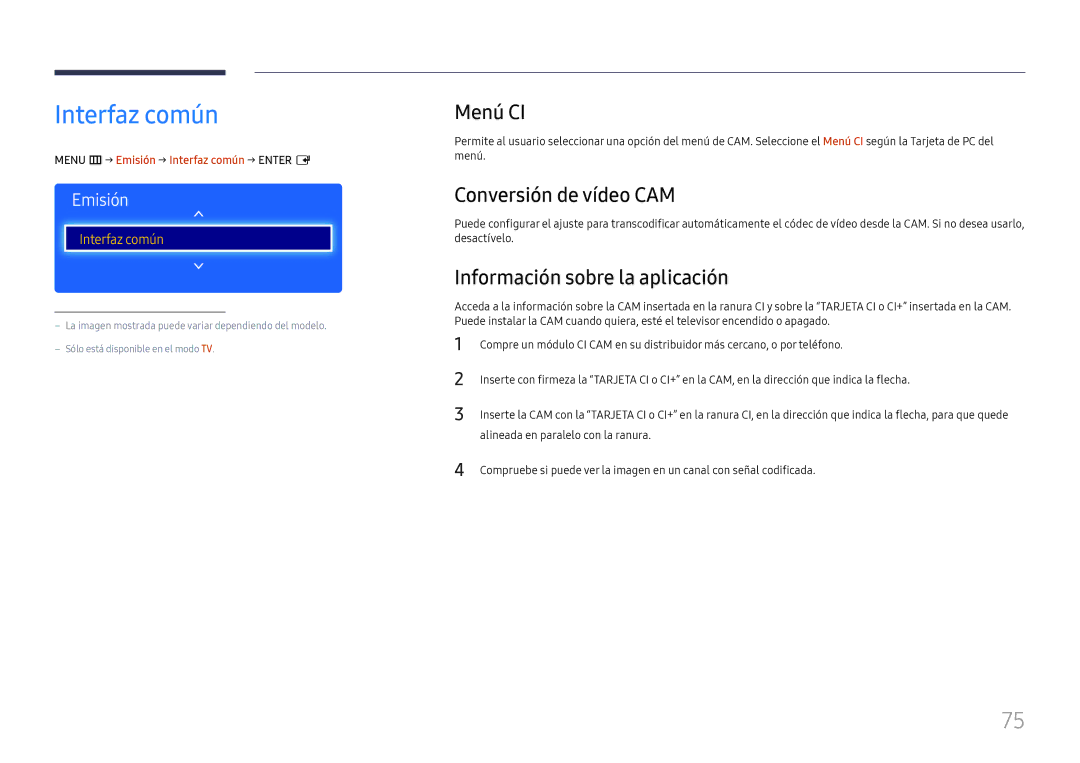 Samsung LH49RMHELGW/EN manual Interfaz común, Menú CI, Conversión de vídeo CAM, Información sobre la aplicación 