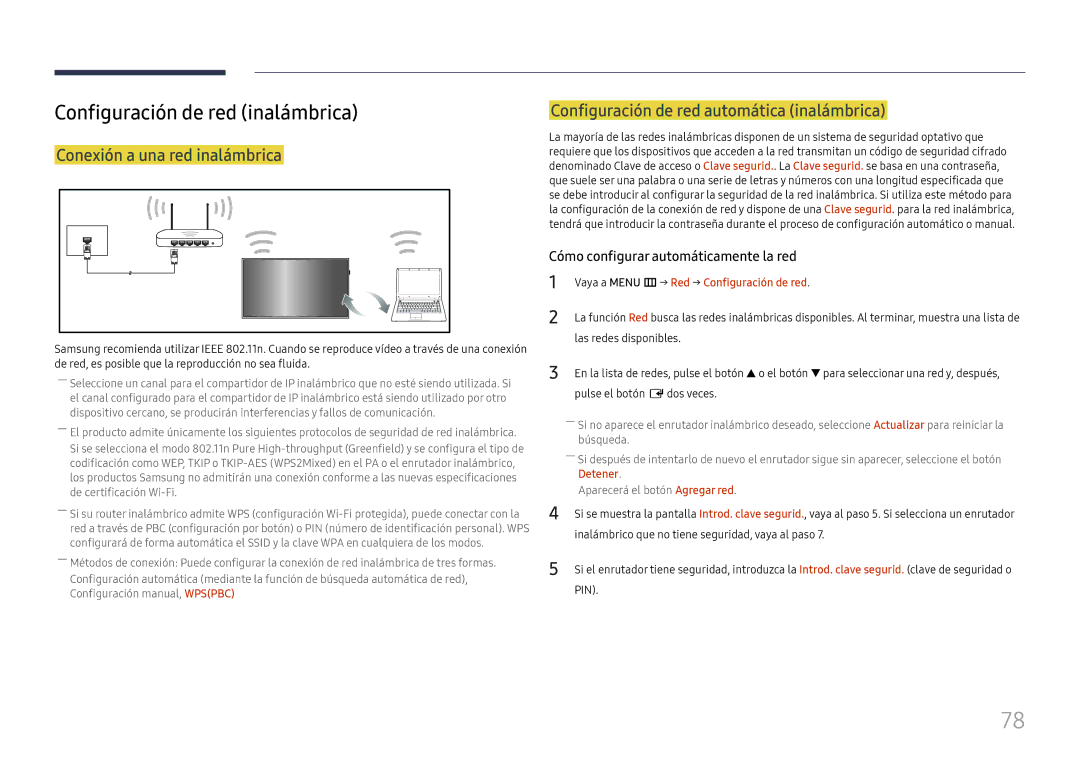 Samsung LH49RMHELGW/EN manual Configuración de red inalámbrica, Configuración de red automática inalámbrica 