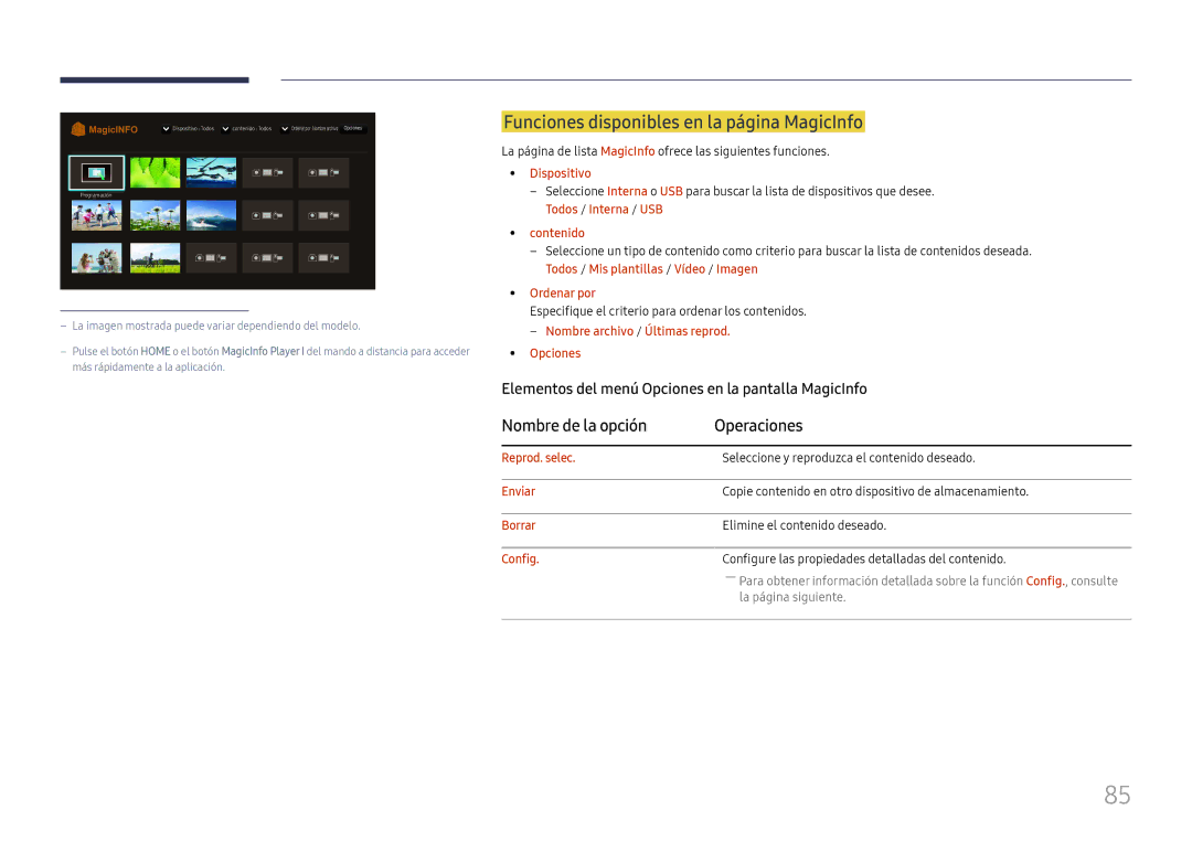 Samsung LH49RMHELGW/EN manual Funciones disponibles en la página MagicInfo, Nombre de la opción Operaciones 