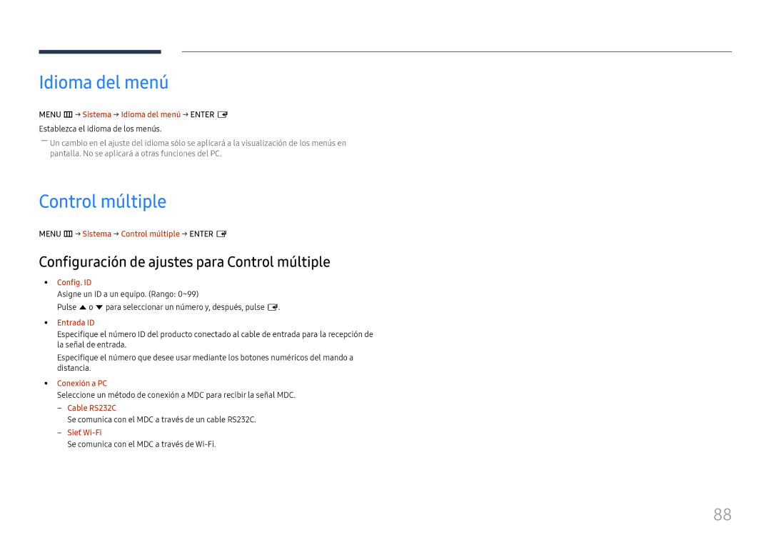 Samsung LH49RMHELGW/EN manual Idioma del menú, Configuración de ajustes para Control múltiple 