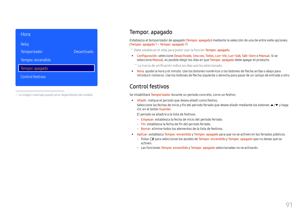 Samsung LH49RMHELGW/EN manual Tempor. apagado, Control festivos, Reloj TemporizadorDesactivado Tempor. encendido 