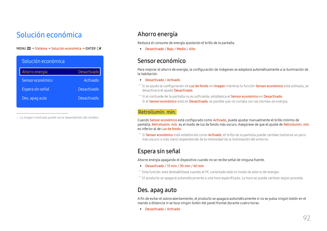 Samsung LH49RMHELGW/EN manual Solución económica, Ahorro energía, Sensor económico, Espera sin señal, Des. apag auto 