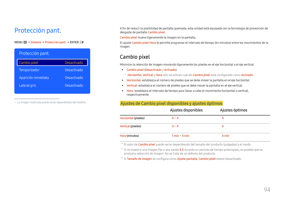 Samsung LH49RMHELGW/EN manual Protección pant, Ajustes de Cambio píxel disponibles y ajustes óptimos 