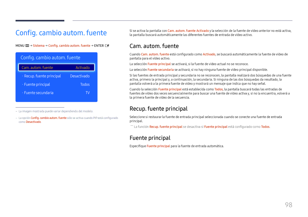 Samsung LH49RMHELGW/EN manual Config. cambio autom. fuente, Cam. autom. fuente, Recup. fuente principal, Fuente principal 