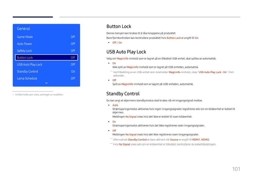 Samsung LH49RMHELGW/EN manual 101, Button Lock, USB Auto Play Lock, Standby Control, Game Mode 