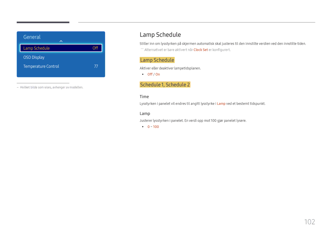 Samsung LH49RMHELGW/EN manual 102, Lamp Schedule, Schedule 1, Schedule, OSD Display Temperature Control 