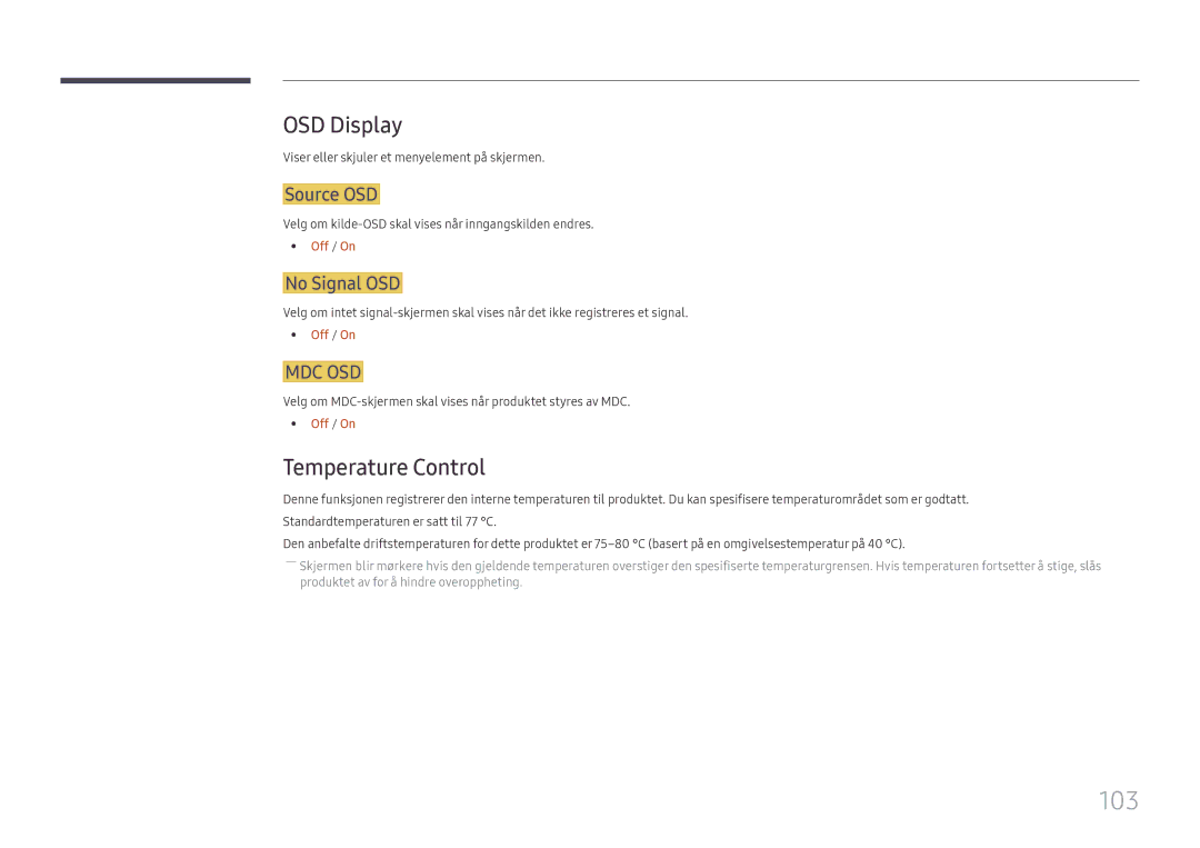 Samsung LH49RMHELGW/EN manual 103, OSD Display, Temperature Control, Source OSD, No Signal OSD 